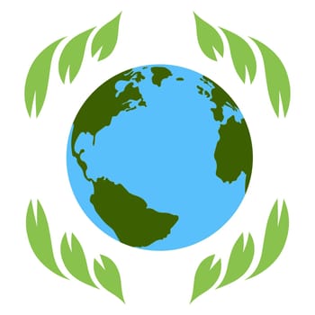 Earth globe surrounded by green leaves on a white background. The concept of ecology, Earth Day. Vector image.