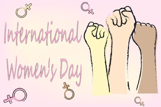 Three hands clenched into a fist, women of different races and a female symbol on a light background. The concept of international women's day on March 8. Vector image.