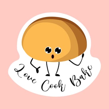 Bun sticker. Bakery logo. Bakery and confectionery vector illustration.Bread cartoon character