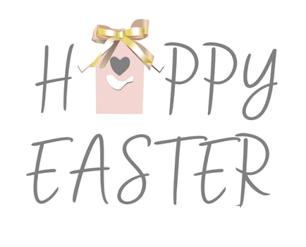 Easter inscription on a white background. The birdhouse is cute. Eggs are hanging on a ribbon. Bright spring holiday composition. Greeting card, banner, poster. Happy easter