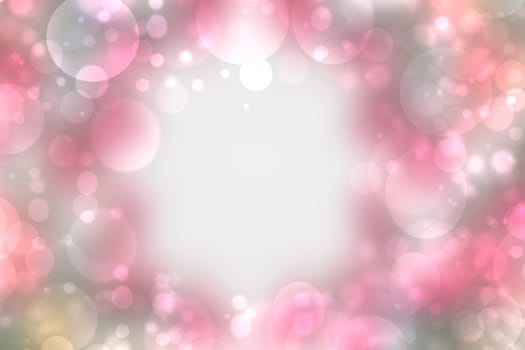 Abstract blurred fresh vivid spring summer light delicate pastel pink white bokeh background texture with bright circular soft color lights and frame. Beautiful backdrop illustration.