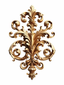 A gold baroque ornament featuring intricate scrolls and flourishes against a white background. the ornament has a vintage, antique appearance with a metallic