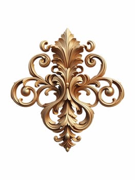 A gold baroque ornament featuring intricate scrolls and flourishes against a white background. the ornament has a vintage, antique appearance with a metallic