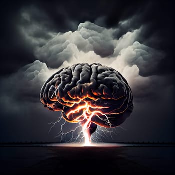Human brain with lightning, psychological pressure and stress, migrane attack, burn out or trauma, generative AI