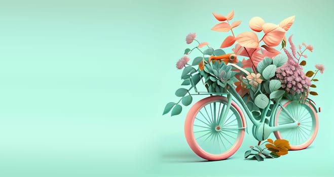 Bicycle covered with pastel colored flowers, eco and environment concept, sustainable transport and travel, earth day, generative AI