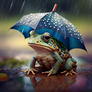 Green frog sitting under an umbrella with raindrops, rainy weather, puddle on the ground, amphibian animal, generative AI