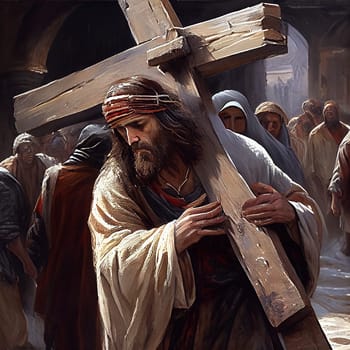 Jesus Christ carring the cross at the via dolorosa in Jerusalem, crucifixion and resurrection at Easter, christian belief and religion, generative AI