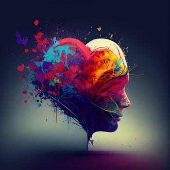 Brain with heart splash, love and passion, self esteem and mental health care concept, positive thinking, creative mind, generative AI