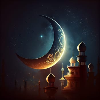 Fastening month of Ramadan, religion of Islam, crescent moon over the mosque, generative AI