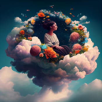Woman sitting in colorful cloud with flowers, positive optimistic attitude, hope and emotion concept, mental health, generative AI