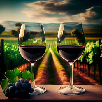 Two glasses with red wine in front of a vinegard at sunset, Moselle Valley, italian Tuscany or France, generaitive AI