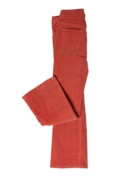 Women casual pants. Close-up of womans fashionable red trousers or jersey sweatpants isolated on a white background. Clipping path. Jogging outfit for workout.