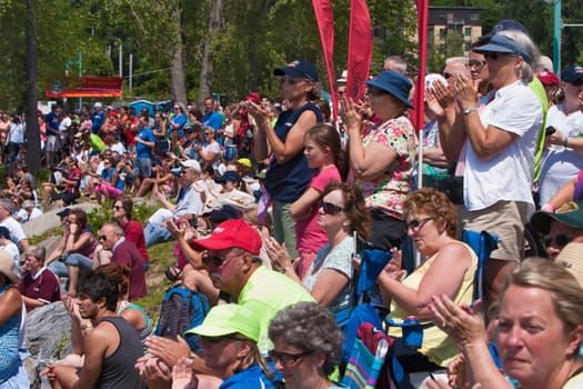 Dragon boat races on Lake Champlain in Burlington, Vermont, USA.  The races are held to raise money for breast cancer survivors.