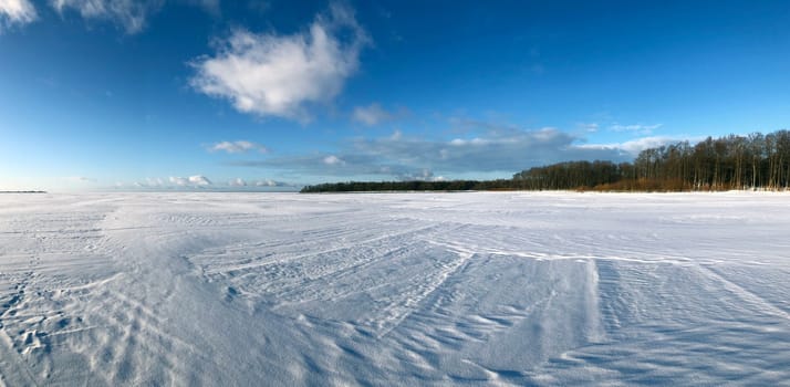 winter panorama, frozen endless expanse of the lake, white snow with traces, blue sky, clear frosty air, sunny day