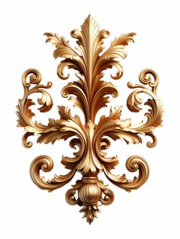 A gold baroque ornament featuring intricate scrolls and flourishes against a white background. the ornament has a vintage, antique appearance with a metallic