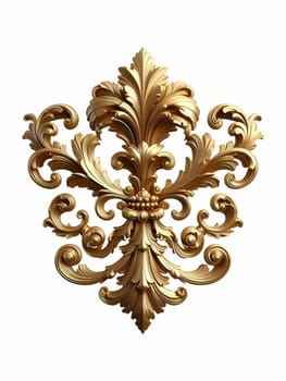 A gold baroque ornament featuring intricate scrolls and flourishes against a white background. the ornament has a vintage, antique appearance with a metallic