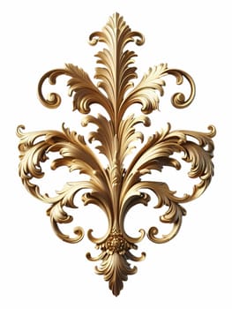A gold baroque ornament featuring intricate scrolls and flourishes against a white background. the ornament has a vintage, antique appearance with a metallic