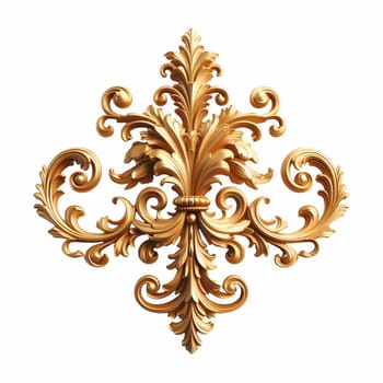A gold baroque ornament featuring intricate scrolls and flourishes against a white background. the ornament has a vintage, antique appearance with a metallic