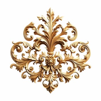 A gold baroque ornament featuring intricate scrolls and flourishes against a white background. the ornament has a vintage, antique appearance with a metallic