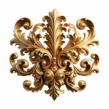 A gold baroque ornament featuring intricate scrolls and flourishes against a white background. the ornament has a vintage, antique appearance with a metallic