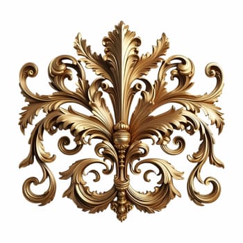 A gold baroque ornament featuring intricate scrolls and flourishes against a white background. the ornament has a vintage, antique appearance with a metallic