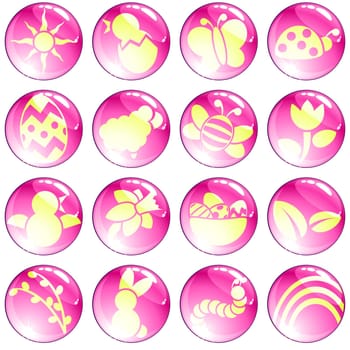 16 brightly colored spring and easter icons. Graphics are grouped and in several layers for easy editing. The file can be scaled to any size.