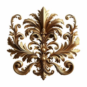 A gold baroque ornament featuring intricate scrolls and flourishes against a white background. the ornament has a vintage, antique appearance with a metallic