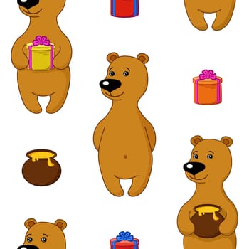 Vector seamless holiday background, teddy bear with gift box and honey pot