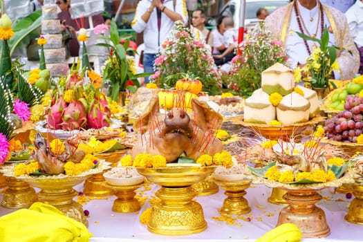 Nonthaburi, Thailand - AUG 17, 2019 - Pouring ceremony for Thonglor Buddha statues at Samian Nari Temple at Chatuchak, Bangkok, Thailand.
