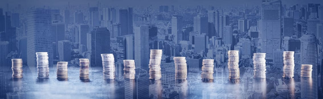 Towers of the coins on the abstract background. Conceptual symbol of the global economy.