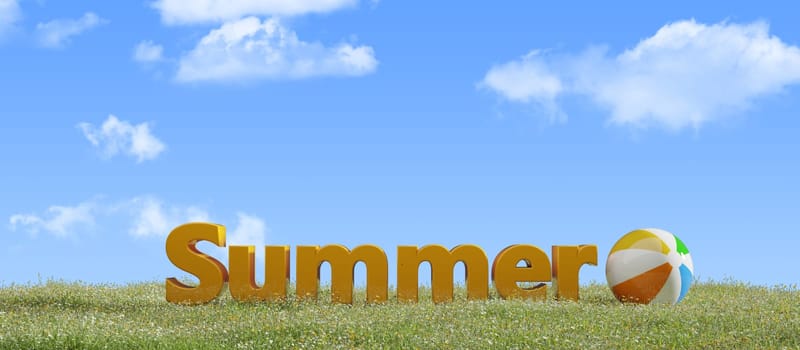 The word summer on a green meadow with a beautiful blue sky, 3d rendering