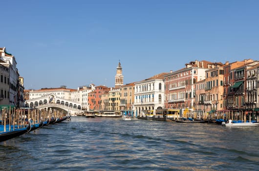 Venice, Italy - Semtember 6 2022: Rialto Bridge and Grand Canal in Venice