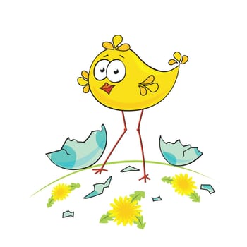 Cute little chicken on the meadow. Vector illustration for Easter holiday