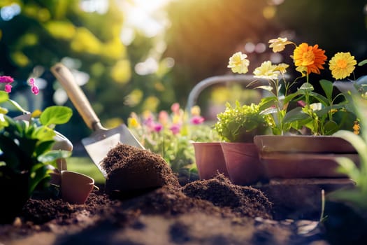 Potted plants and seedlings with gardening tools, generative ai