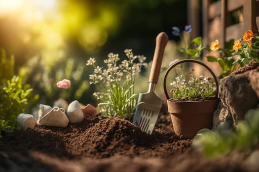 garden background, plants and tools, garden concept, generative ai
