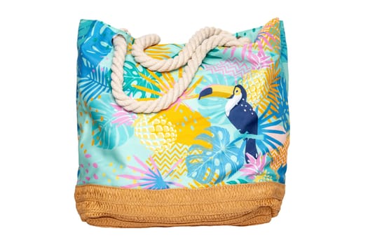 Colorful beach bag isolated on a white background. Clipping path. Summer holidays, vacation and travel concept. Beach handbag for travel.