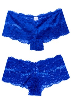 Underwear woman isolated. Collage set of a luxurious elegant blue lacy thongs panties in two views isolated. Erotic lace fashion. Women sexy lingerie. Nightwear.