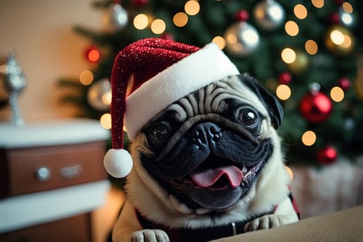 A pug dog with a red gnome hat created with Generative AI technology.