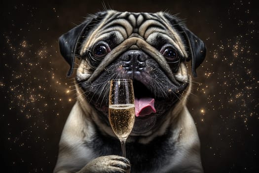 Pug dog and glass of champagne created with Generative AI technology.