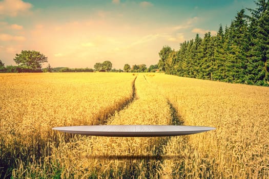 Futuristic scenery with a stage hovering over a golden field