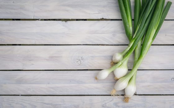 Scallions on a bright wooden table
