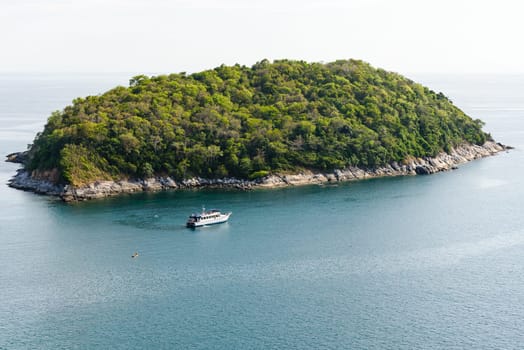 High angle view beautiful landscape of the island and Andaman sea from Windmill viewpoint is a famous attractions of Phuket Province in Thailand