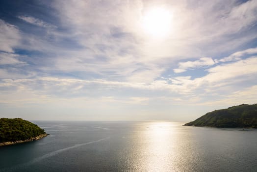 High angle view beautiful landscape of the island and Andaman sea from Windmill viewpoint is a famous attractions of Phuket Province in Thailand