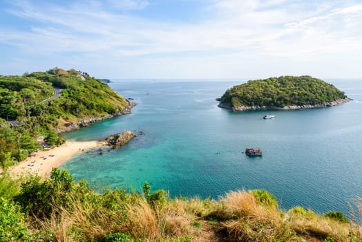 High angle view beautiful landscape of the island and Andaman sea from Windmill viewpoint is a famous attractions of Phuket Province in Thailand