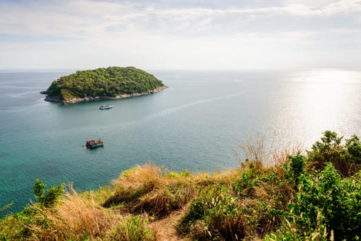 High angle view beautiful landscape of the island and Andaman sea from Windmill viewpoint is a famous attractions of Phuket Province in Thailand