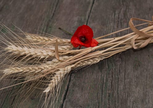 the linking of wheat decorated with a flower of red poppy, a still life on natural products