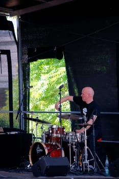Mainz,Germany – June 14,2015: Andreas Neubauer the drummer of the jazz group Tango Transit during an appearance at the summer festival of the botanical garden of the University of Mainz on June 14,2015 in Mainz.
