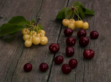 white and red sweet cherry on the old desktop, a still life on berry and fruit