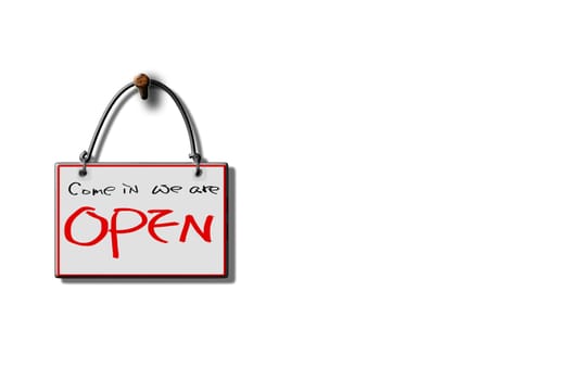 come in we are open hanging sign isolated on wall for adv or others purpose use