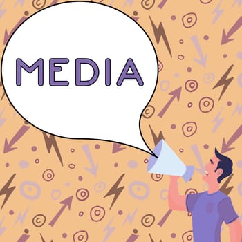 Text caption presenting Media, Word for the main means of mass communication that are regarded collectively